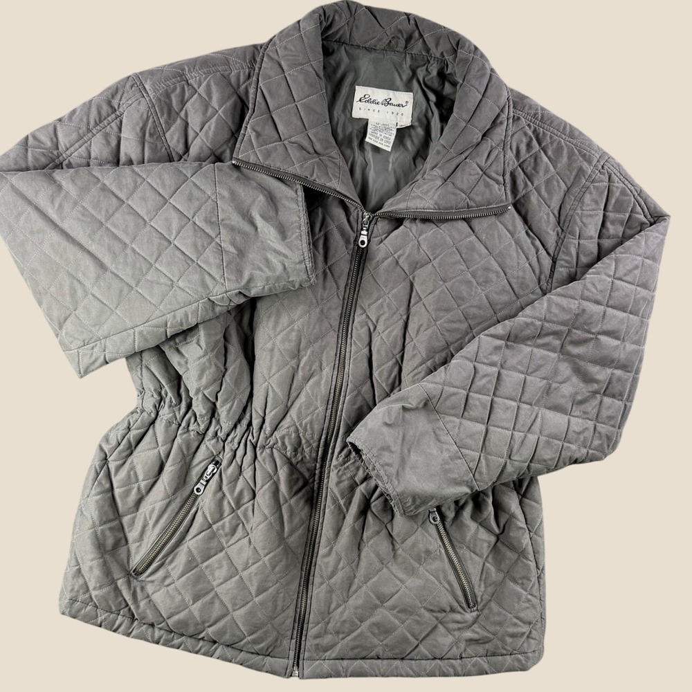 Vintage Eddie Bauer Quilted Jacket‎ Women LP Taupe Dupont Thermoloft Puffer Coat
